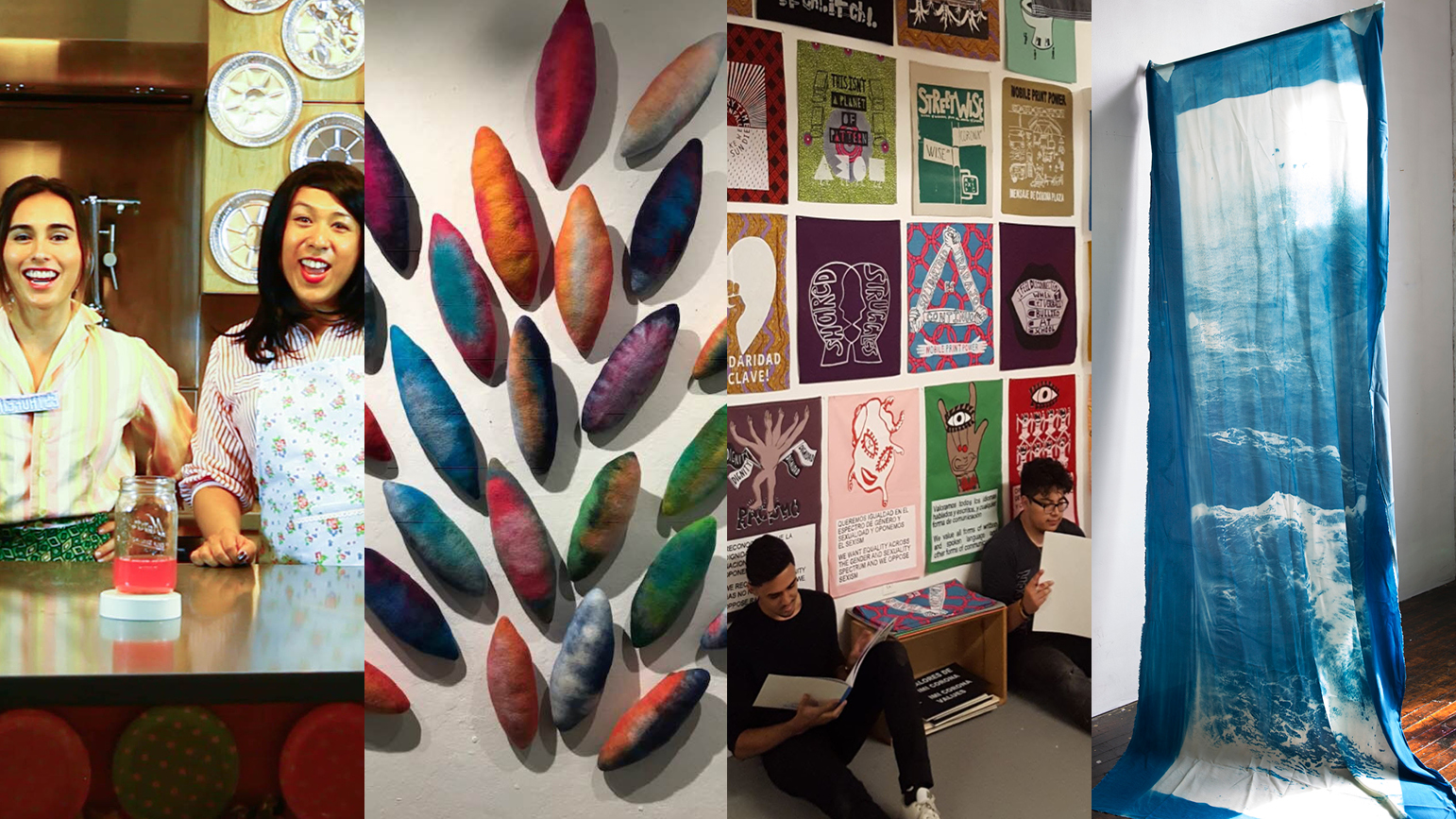 Four images of artworks: 1 - two people smiling and standing at a counter; 2 - several abstract, colorful oval shapes mounted to a wall; 3 - two people sitting in front of a wall covered in fabric banners; 4 - large banner with ocean printed on it.
