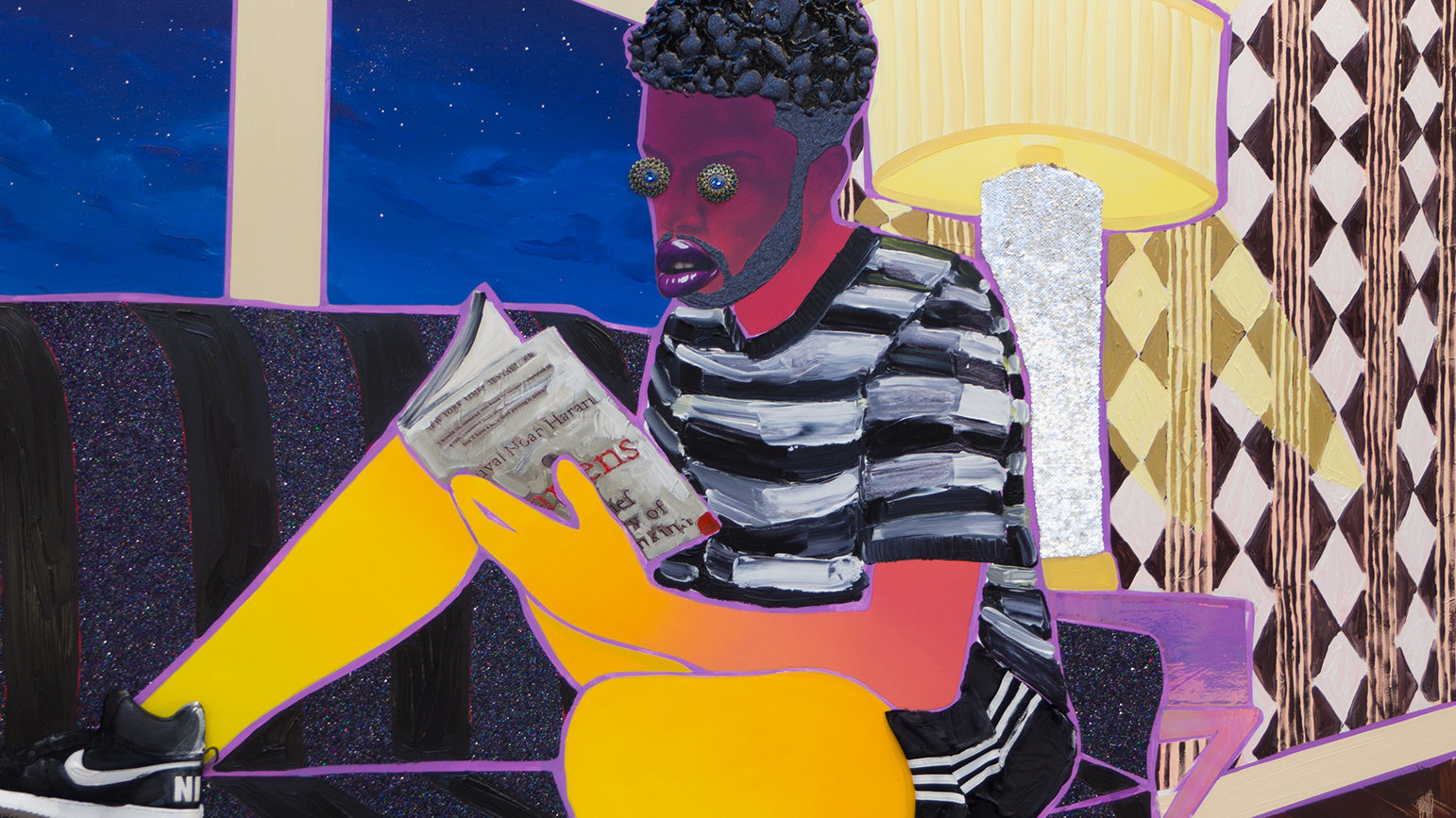Painting of a man seated on a couch reading a book