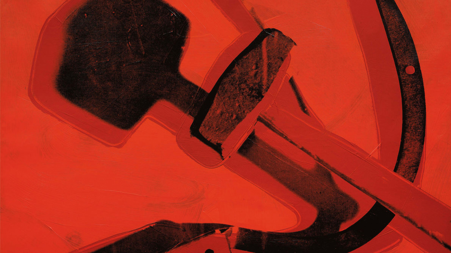 A red and black image of painted and screen printed hammer and sickle by Andy Warhol