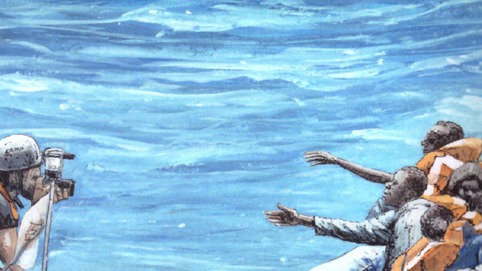 Drawing of refugees on a left raft reaching out to a person who is photographing