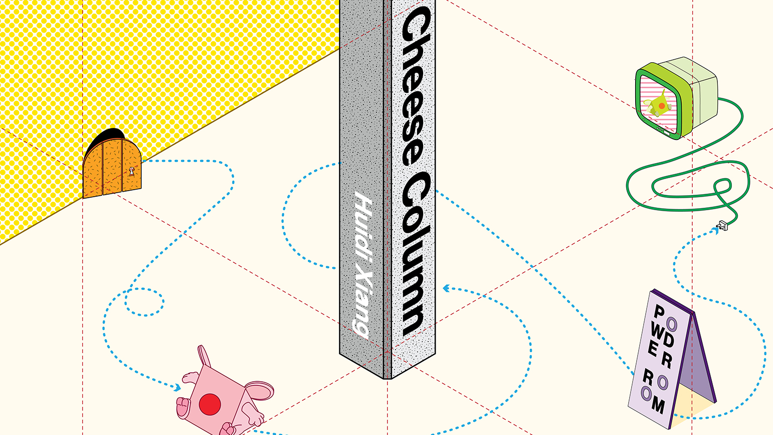 Illustration with clapboard, mouse door, computer, and a large column