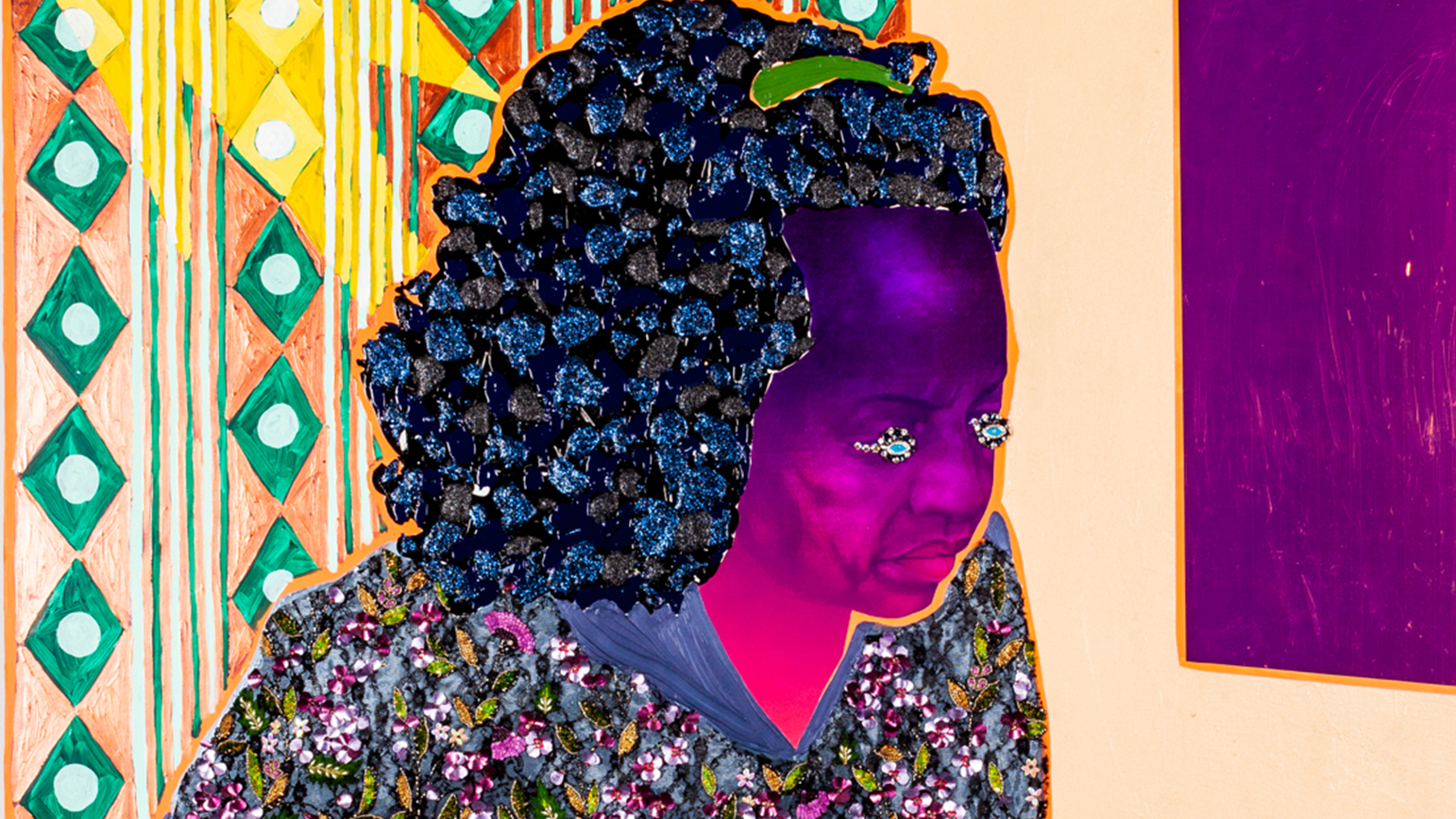 Painting of a woman rendered in purples and pinks with jeweled eyes