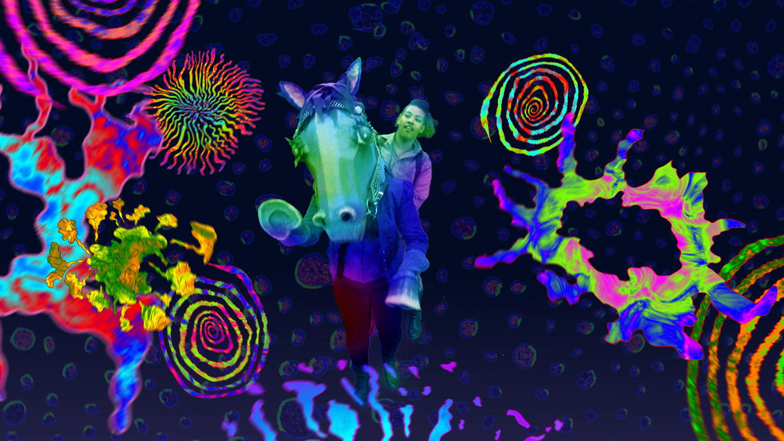 Image of a person riding a cartoon horse against a psychedelic background