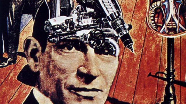 Collaged image of a man with mechanical equipment on his head
