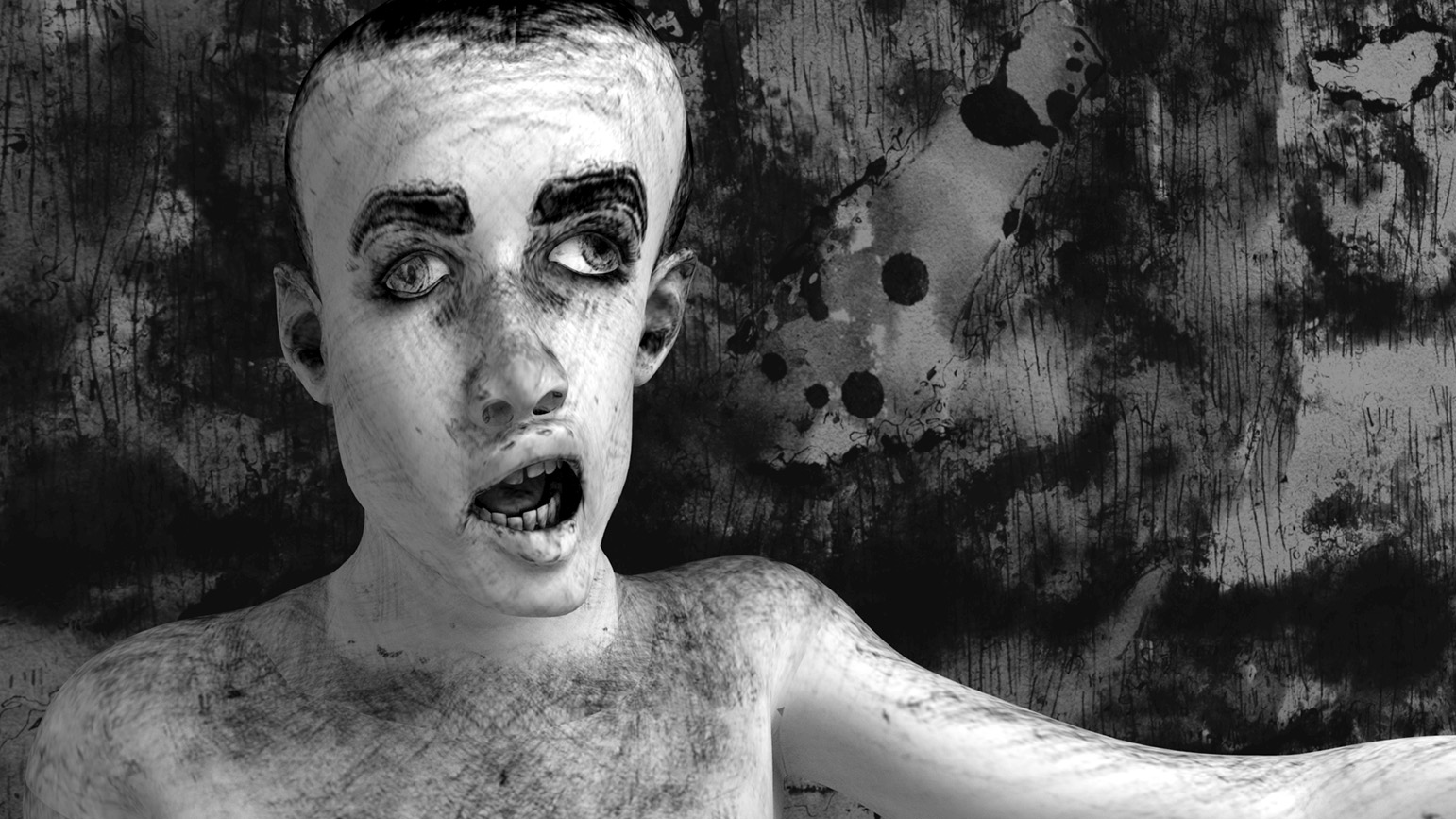 Black and white artwork of a man with his mouth open