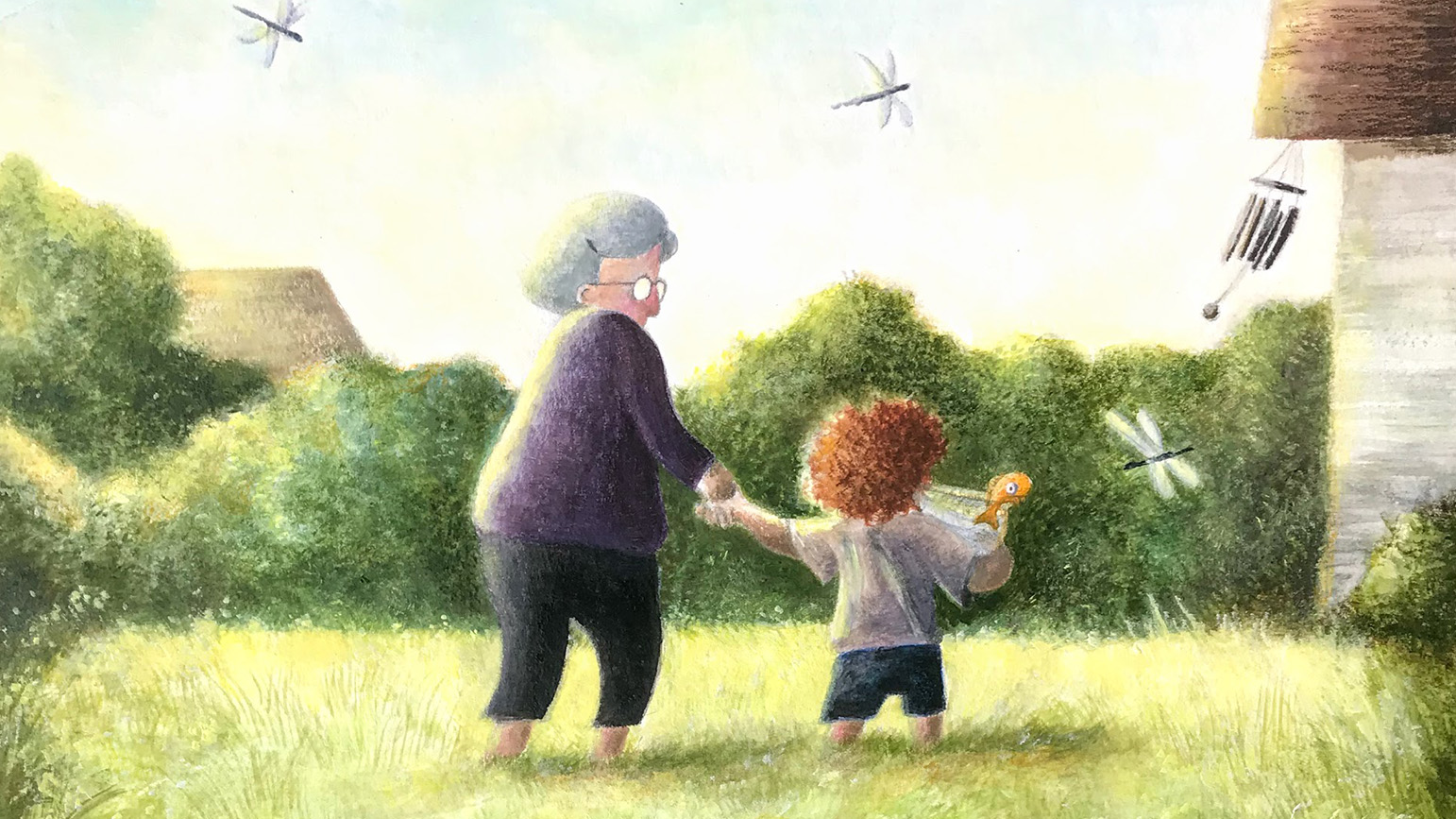 Illustration of an old woman holding the hand of a child outside with dragon flies around them