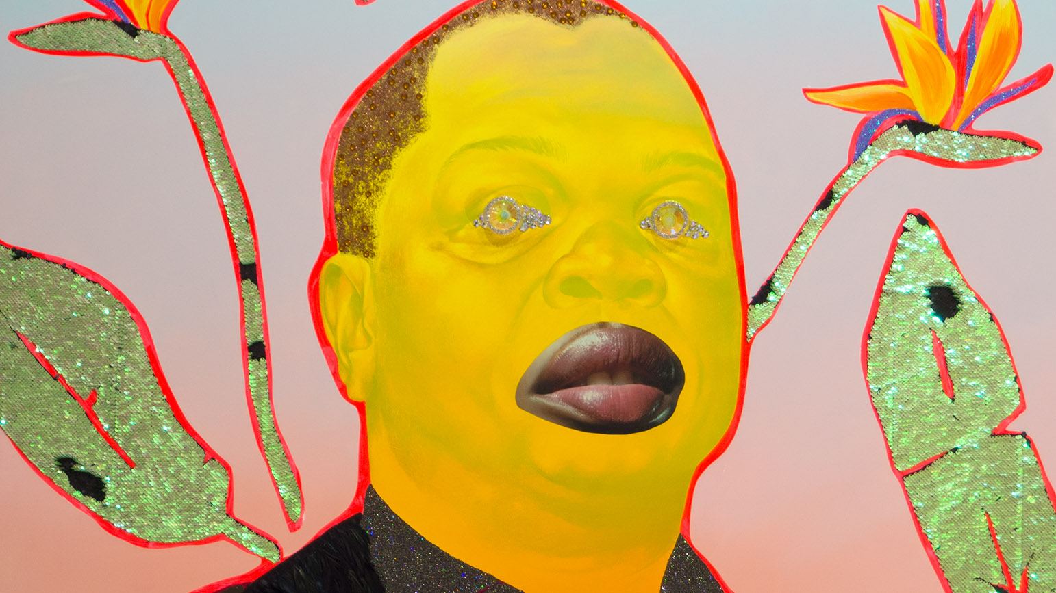 Painted portrait of Kehinde Wiley rendered in tones of yellowed with collaged photographed lips