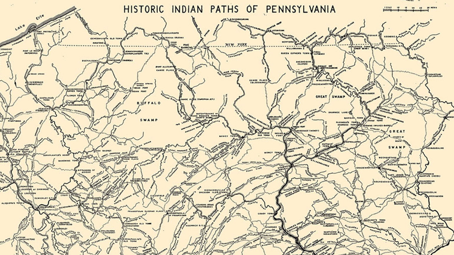 Map labeled Historic Indian Paths of Pennsylvania