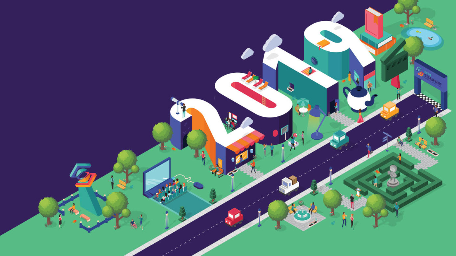 Graphic of a fantastical neighborhood with the number 2019 constructed out of buildings