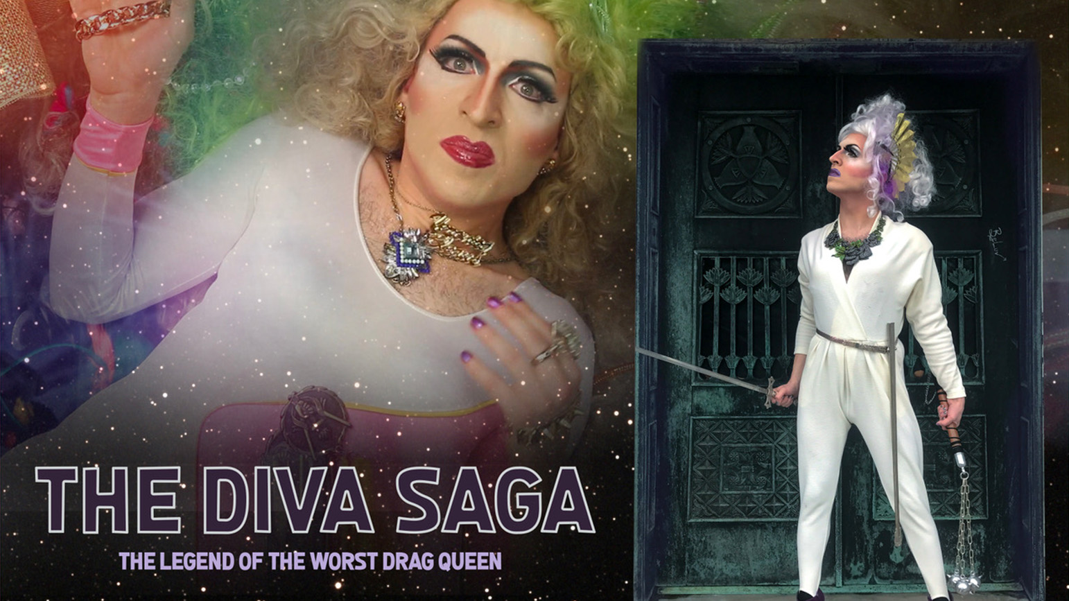 Two images of a very serious looking drag queen with the text "The Diva Saga / The Legend of the Worst Drag Queen"