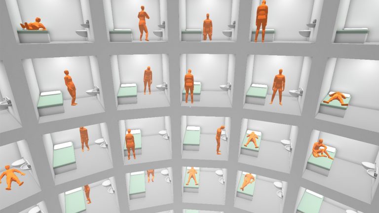 Digital image showing a grid of orange figures in a variety of positions in cells
