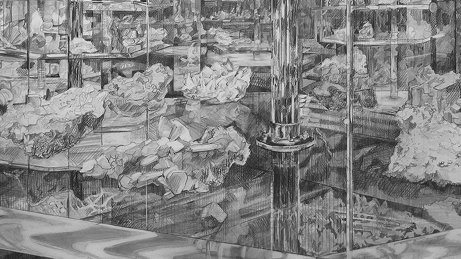Drawing of glass cases with rocks