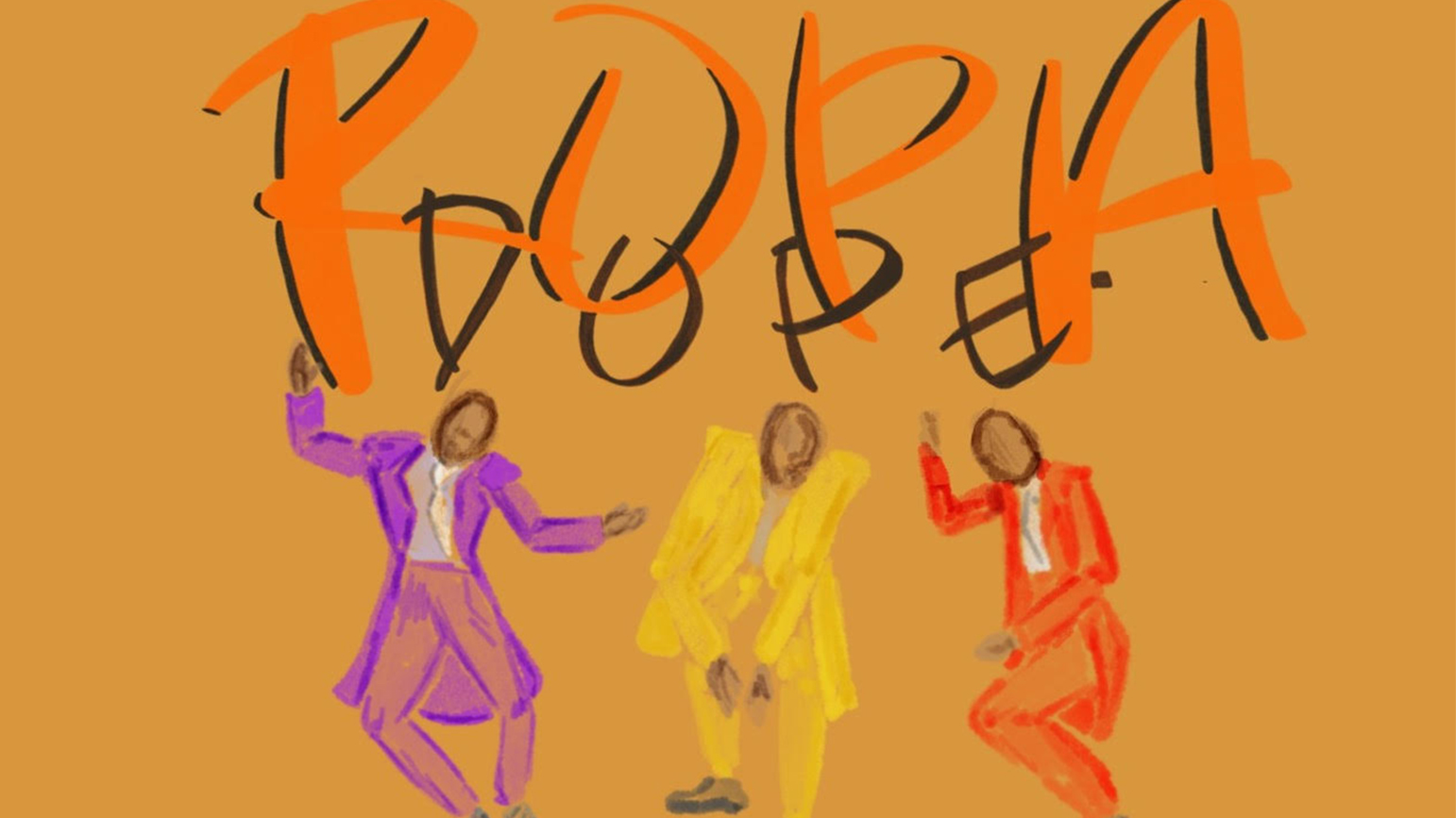 Drawing of three figures dancing and the words "Ropa Dope"