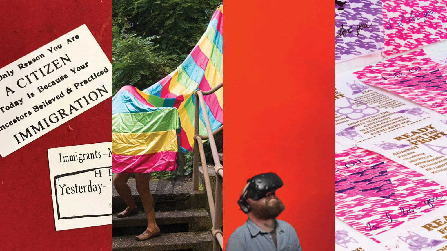 Four images: 1) two business cards against a red background; 2) two figures performing on outdoor steps under rainbow fabric; 3) Man with a VR headset looking up; 4) image of an assortment of pink and purple prints