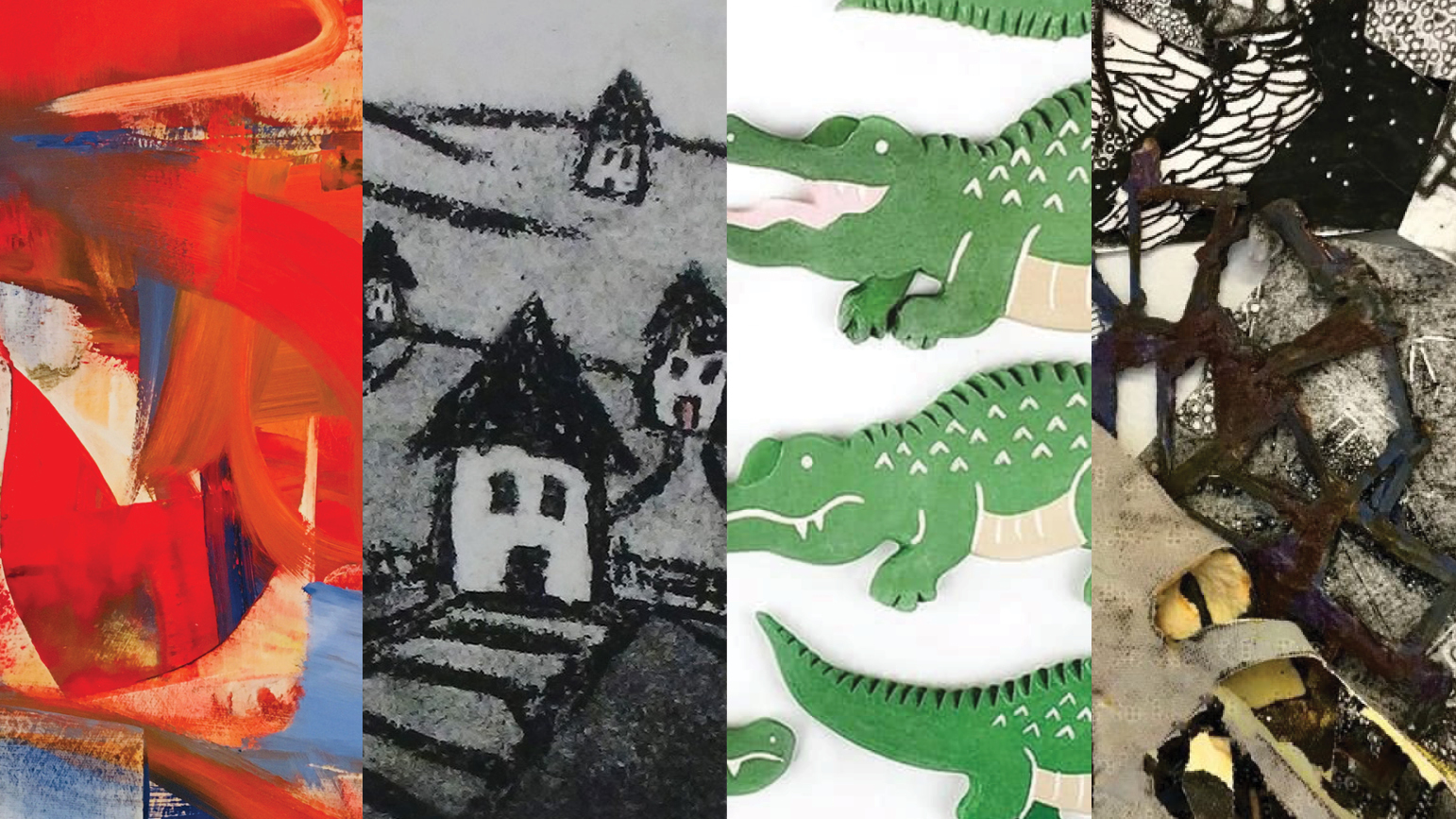 4 images: 1. abstract painting; 2. black and white simple drawing of houses; 3. photograph of alligator pins; 4. Abstract textile work