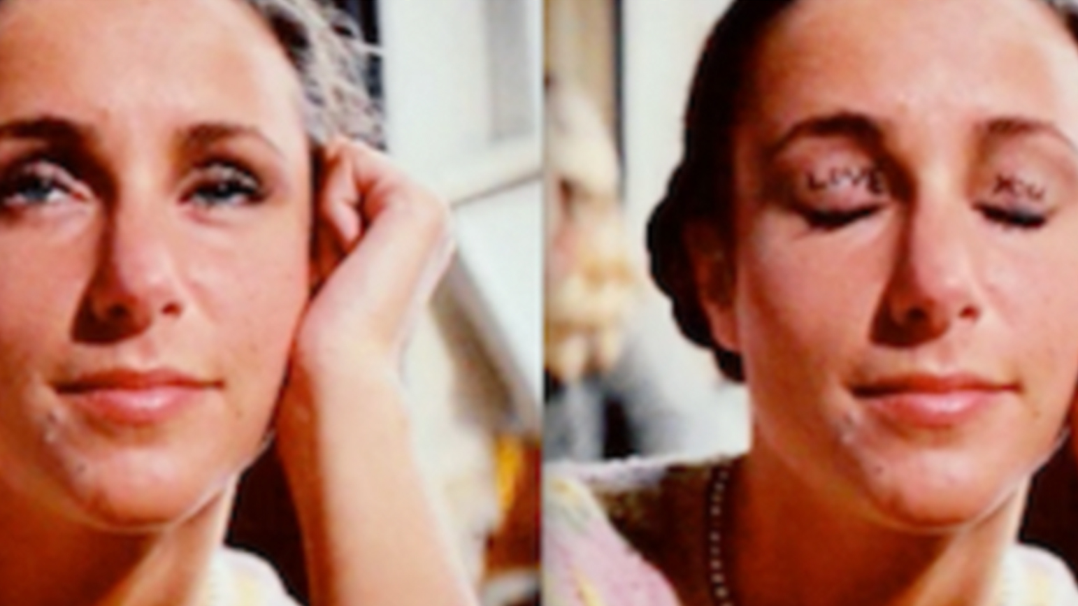 Still from "Raiders of the Lost Ark" showing a girl with the words "LOVE YOU" written on her eyelids