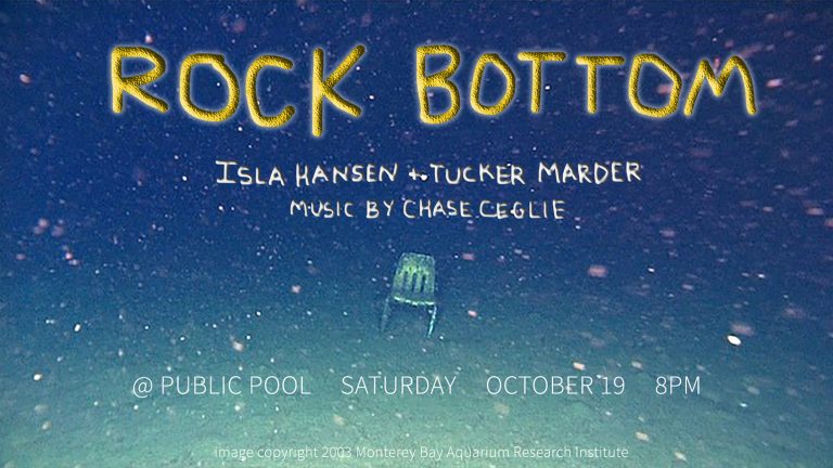 Photo of chair under water with the word "Rock Bottom" superimposed on top