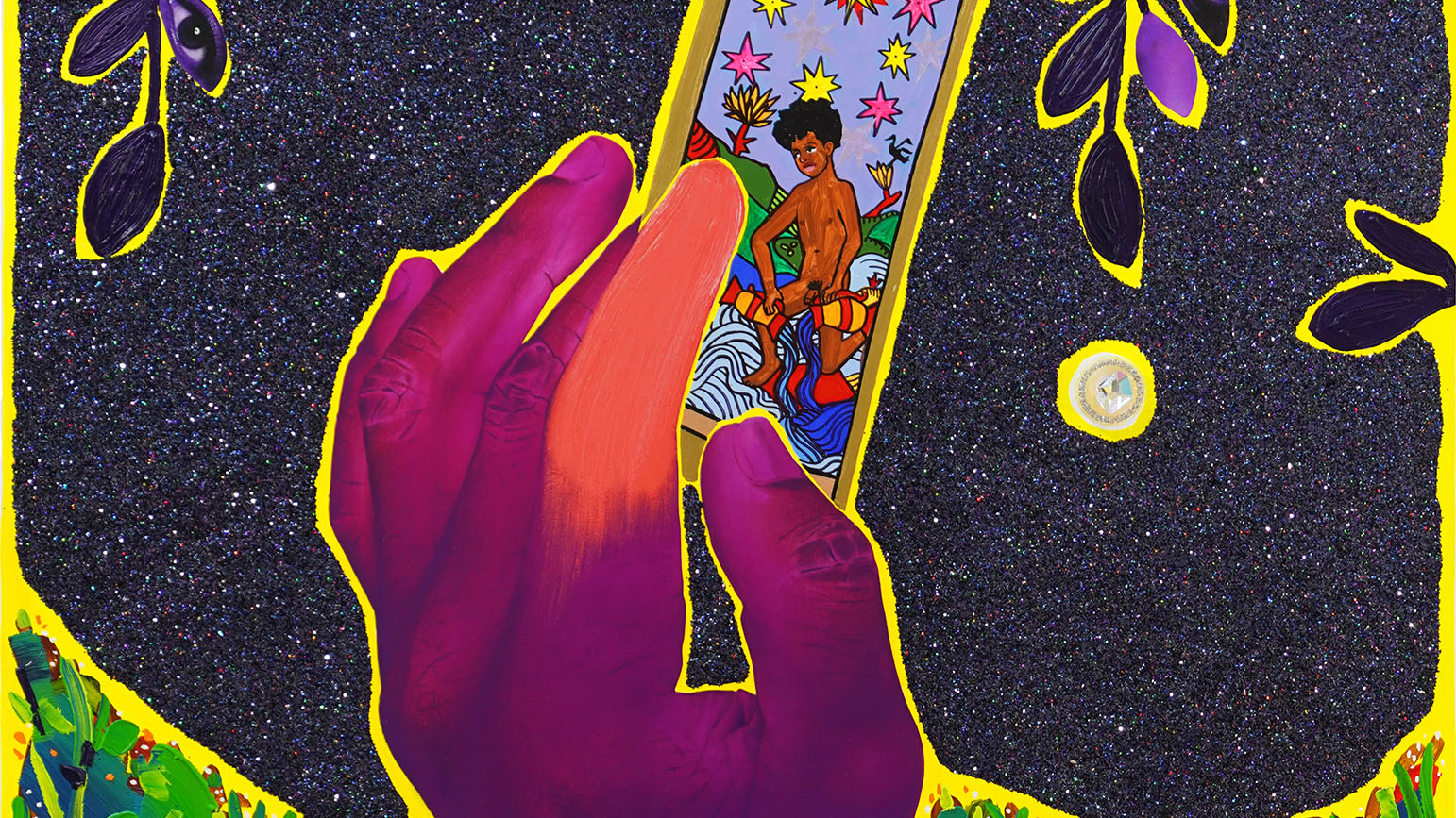 Painting of a hand holding a tarot card