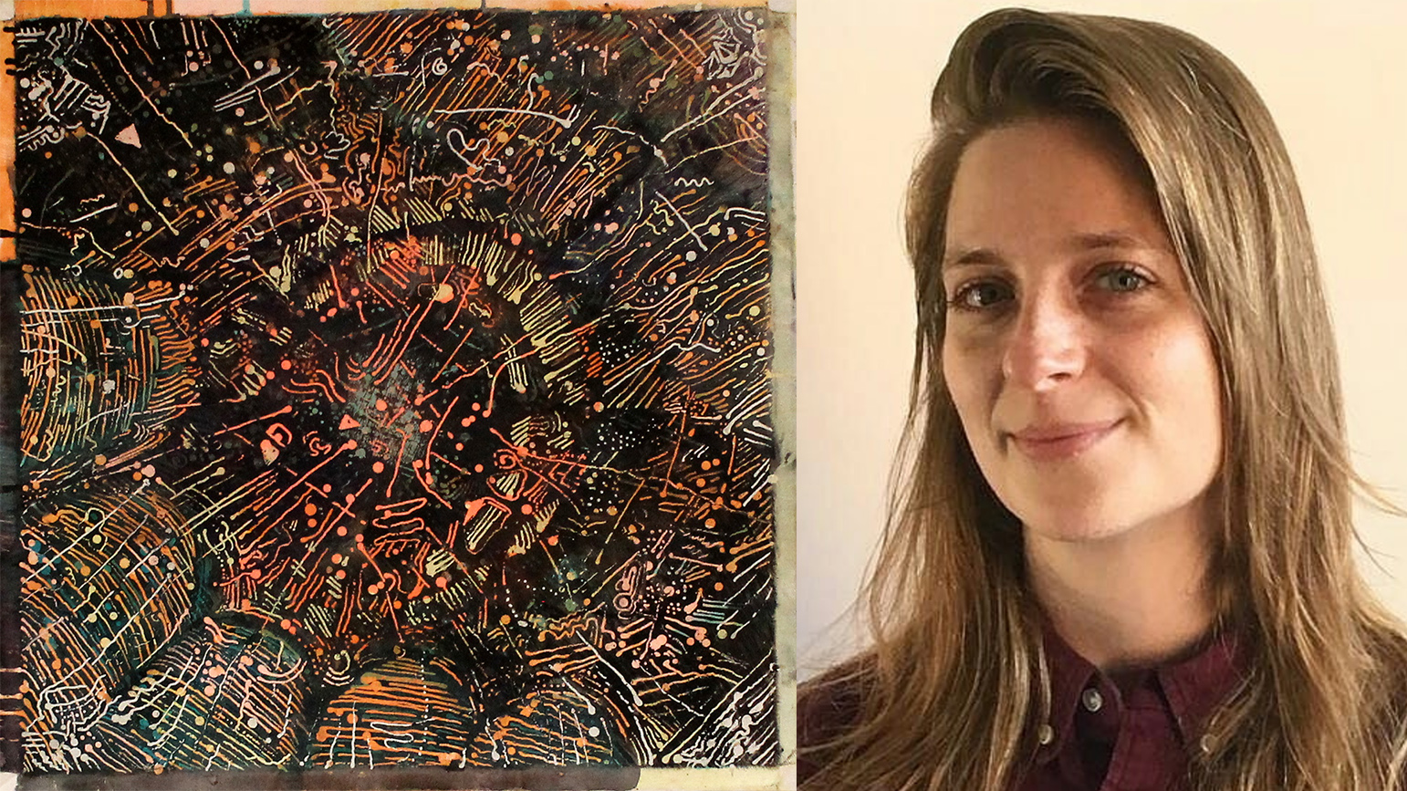 Image of an abstract artwork next to a headshot of a woman