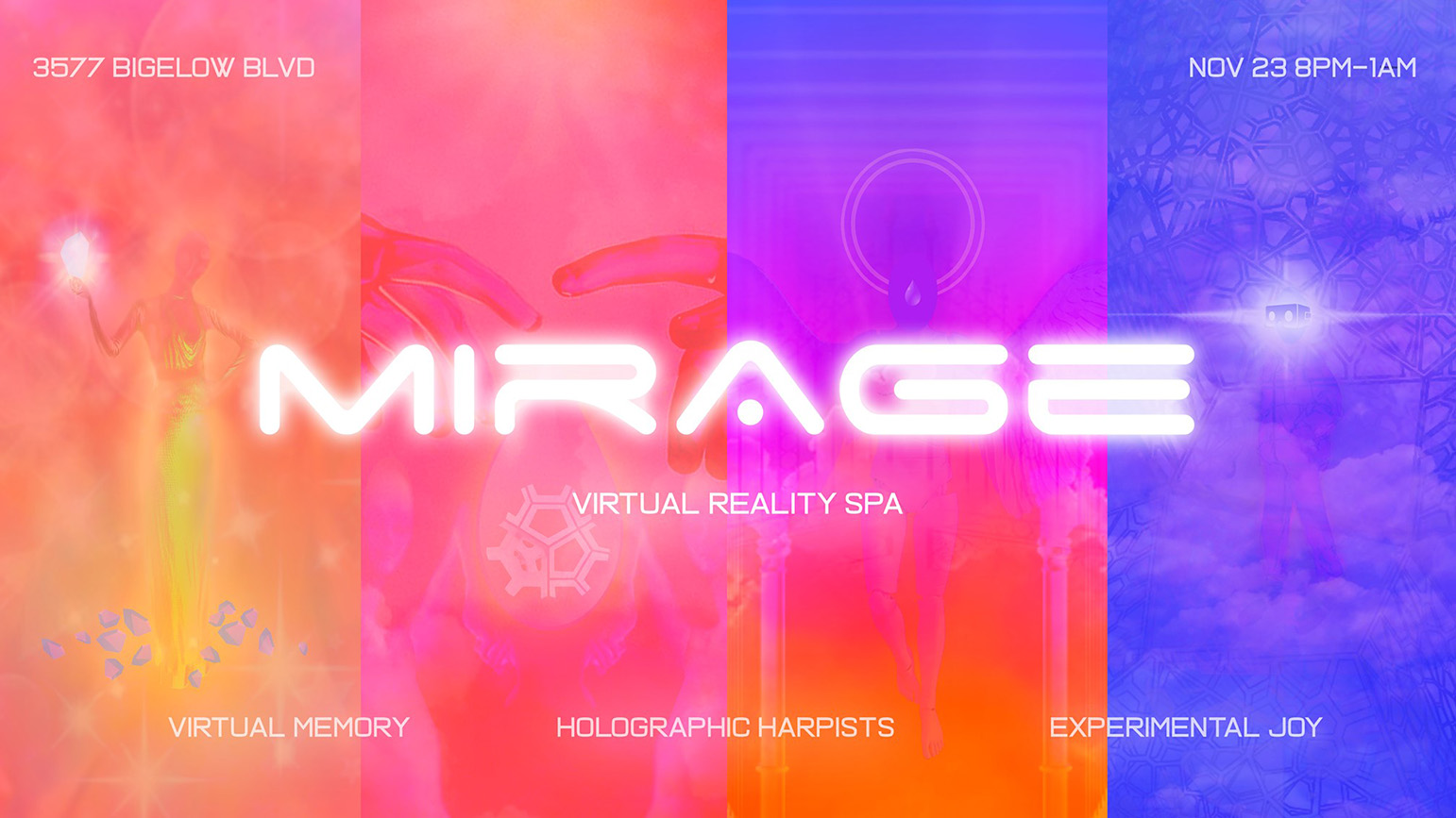 Graphic with abstract geometric shapes and angles with the word "Mirage" in the center