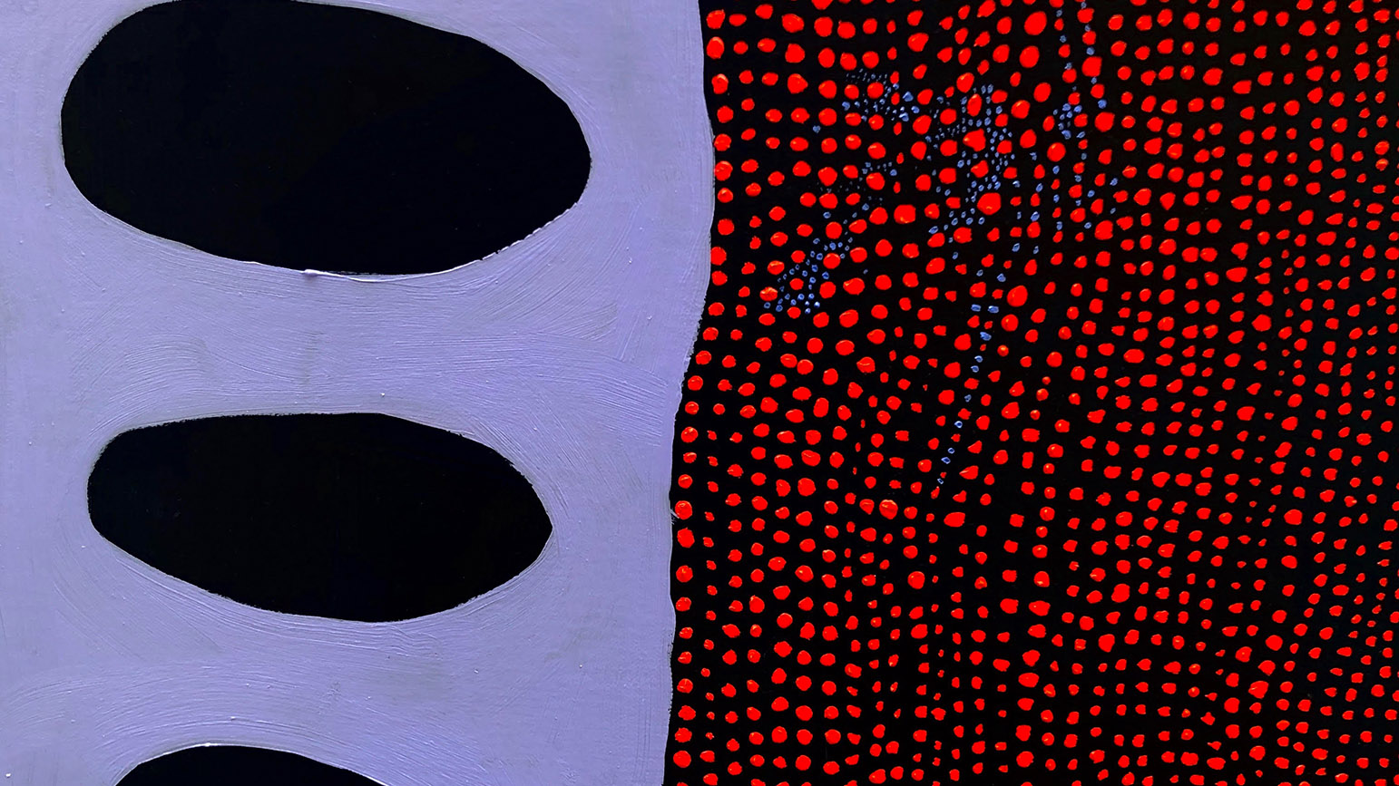 Abstract painting with large dots on the left against a purple background and small red dots on the right against a black background