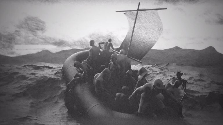 Black-and-white animation of people on a raft in a turbulent sea