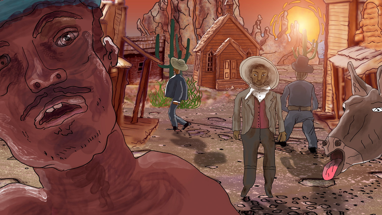 Still from animated film "Stinkhorn" showing several people in a western town with a hot sun