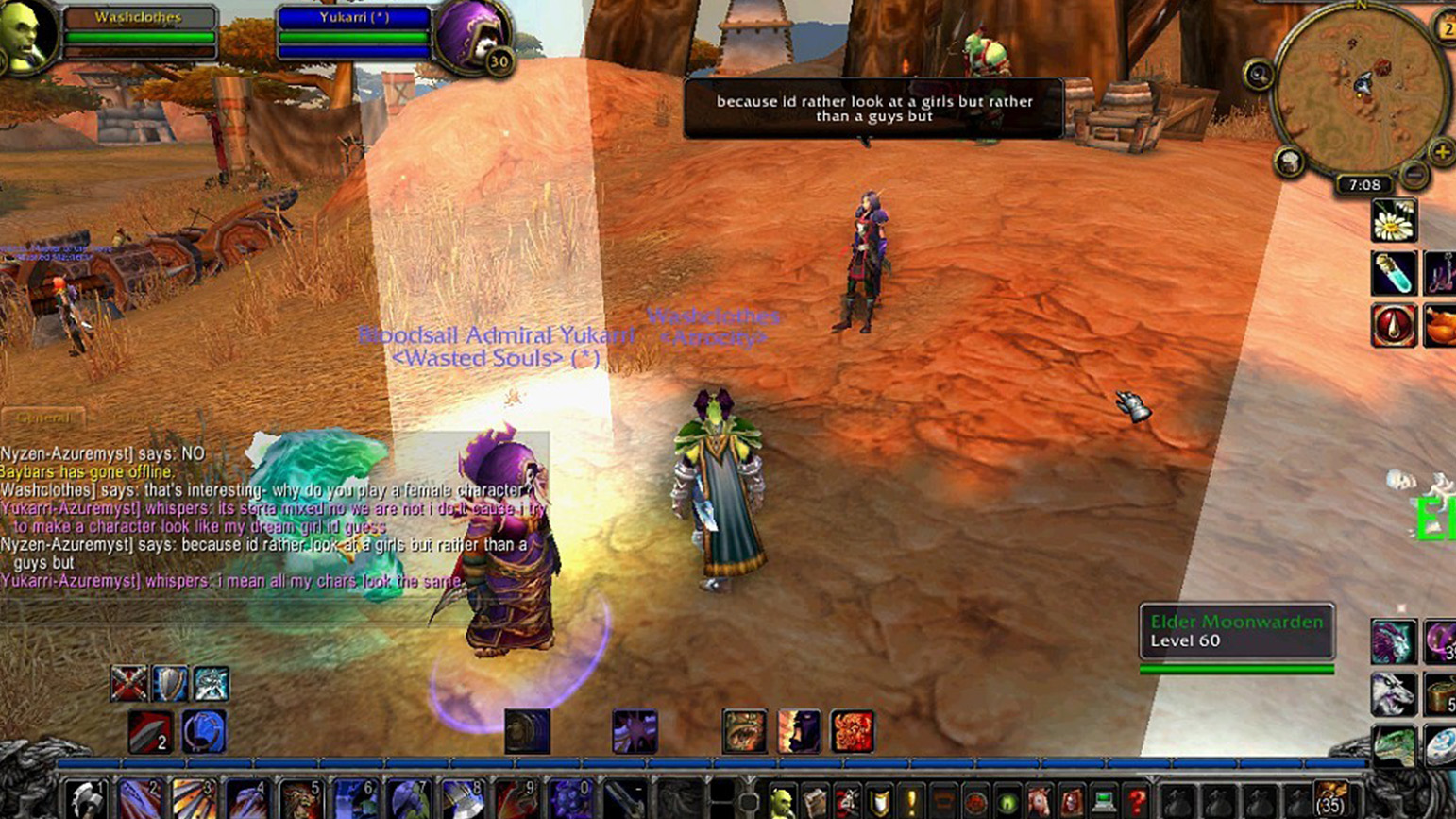 Still from one of Angela Washko's interventions in World of Warcraft