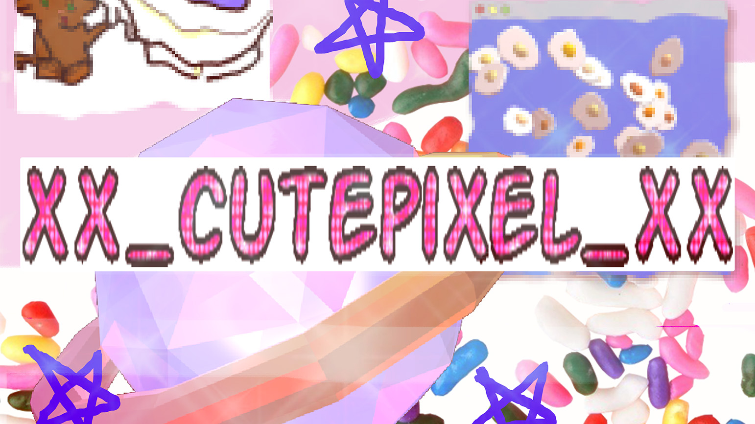 Pixelated graphic with bright colors and the exhibition title "xX_CutePixel_Xx"