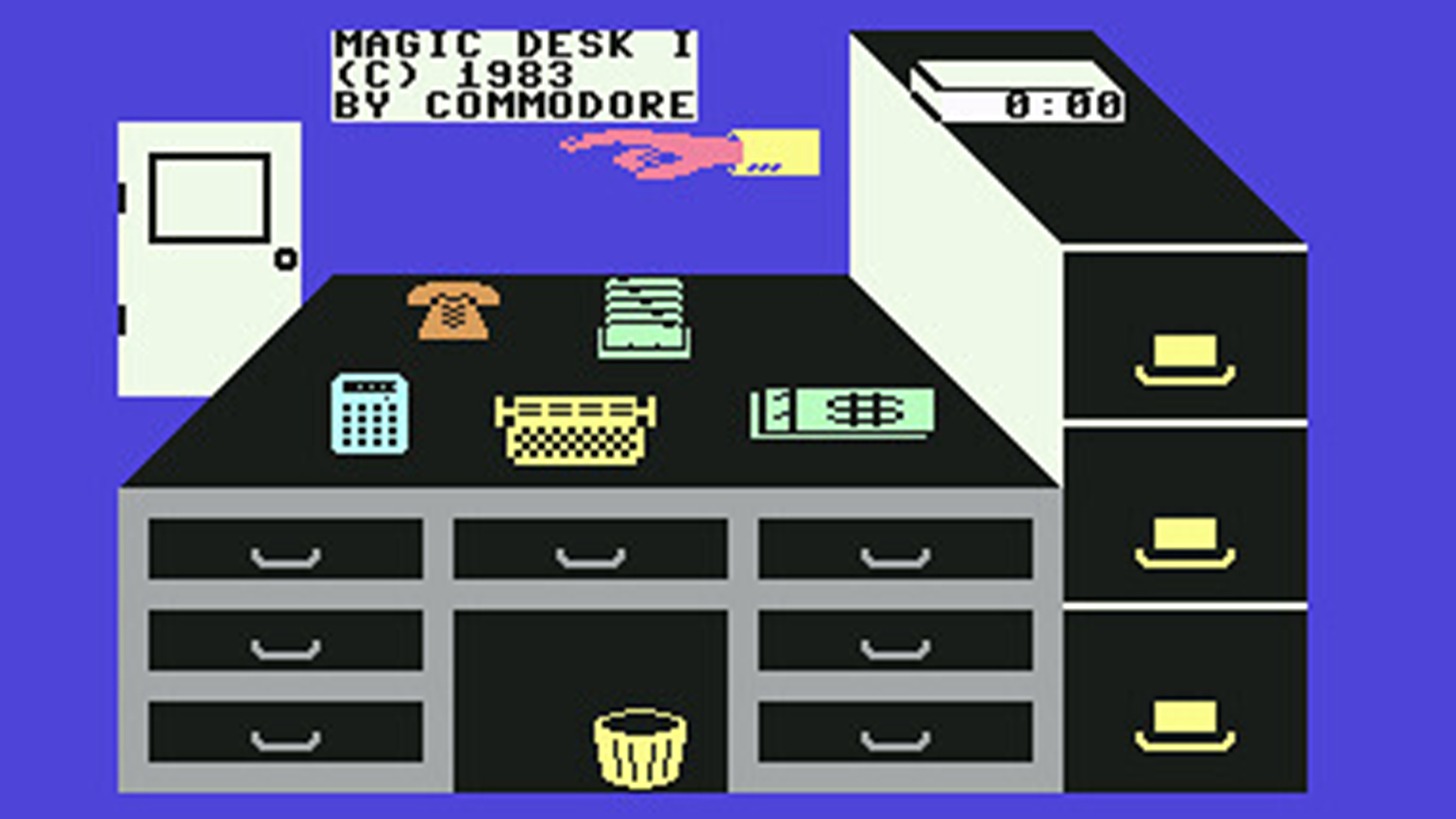 Highly pixelated graphic image of a desk from Commodore, 1983