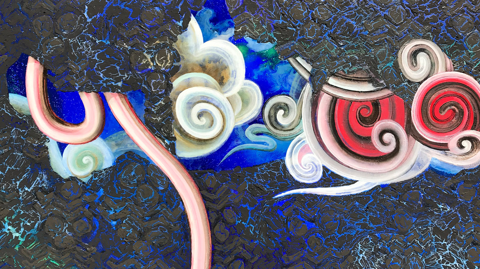 Detail of an abstract painting of a threadbare carpet with swirls of color