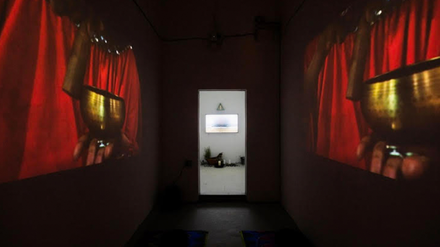 Installation in an art gallery with two large projections