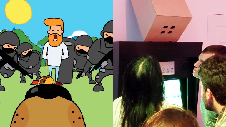 Still from game "Guilty Smells" and a photograph of people playing the video game