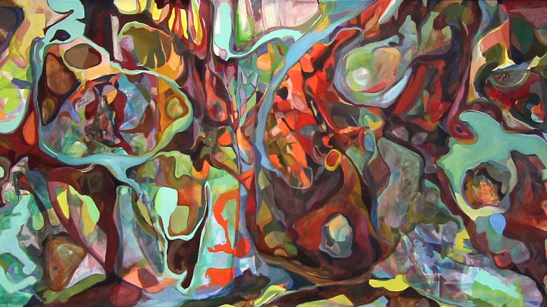 Abstract painting with organic forms in many colors