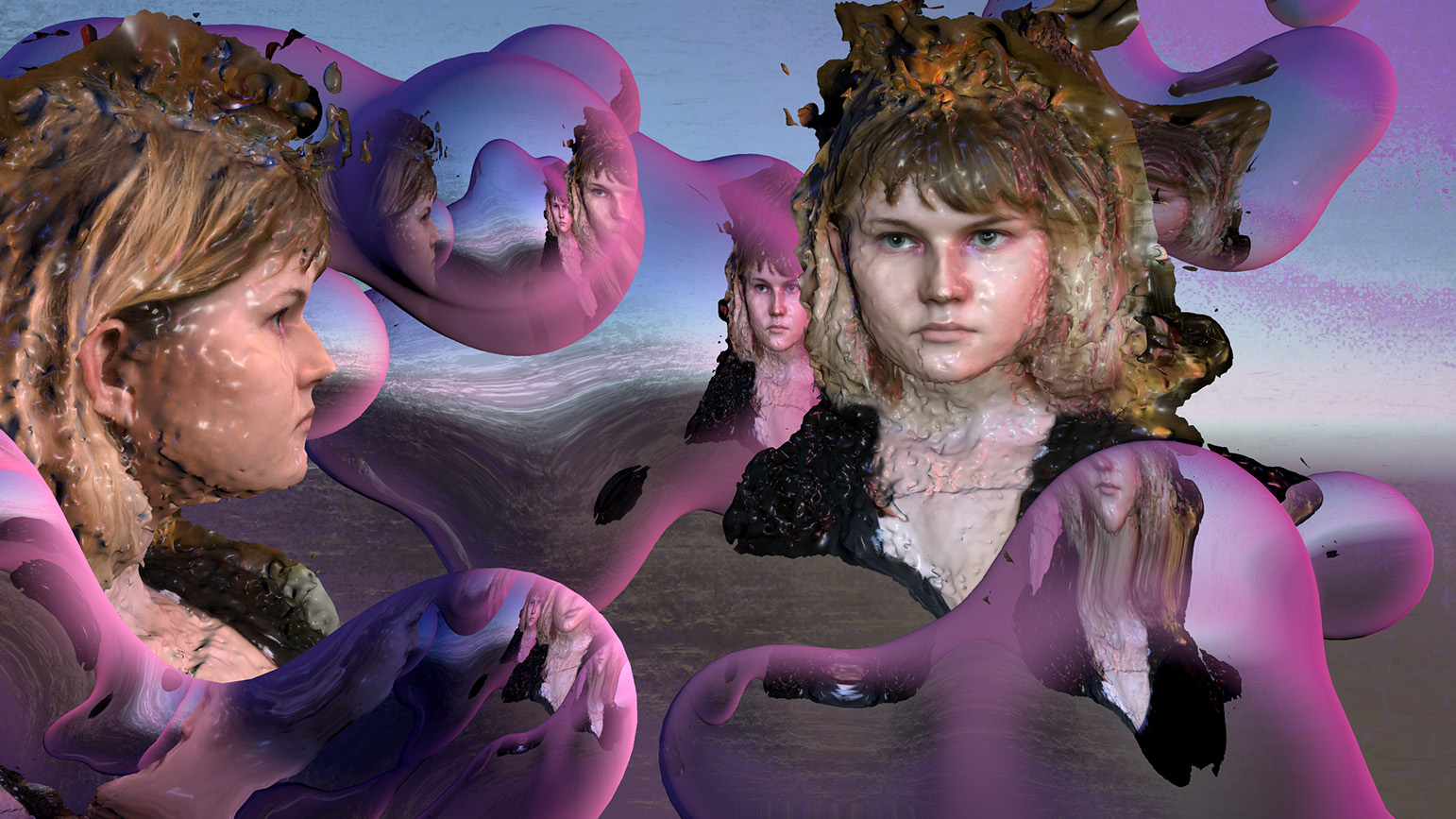 Computer-generated 3D image of Izzy Stephen's head floating in bubbles