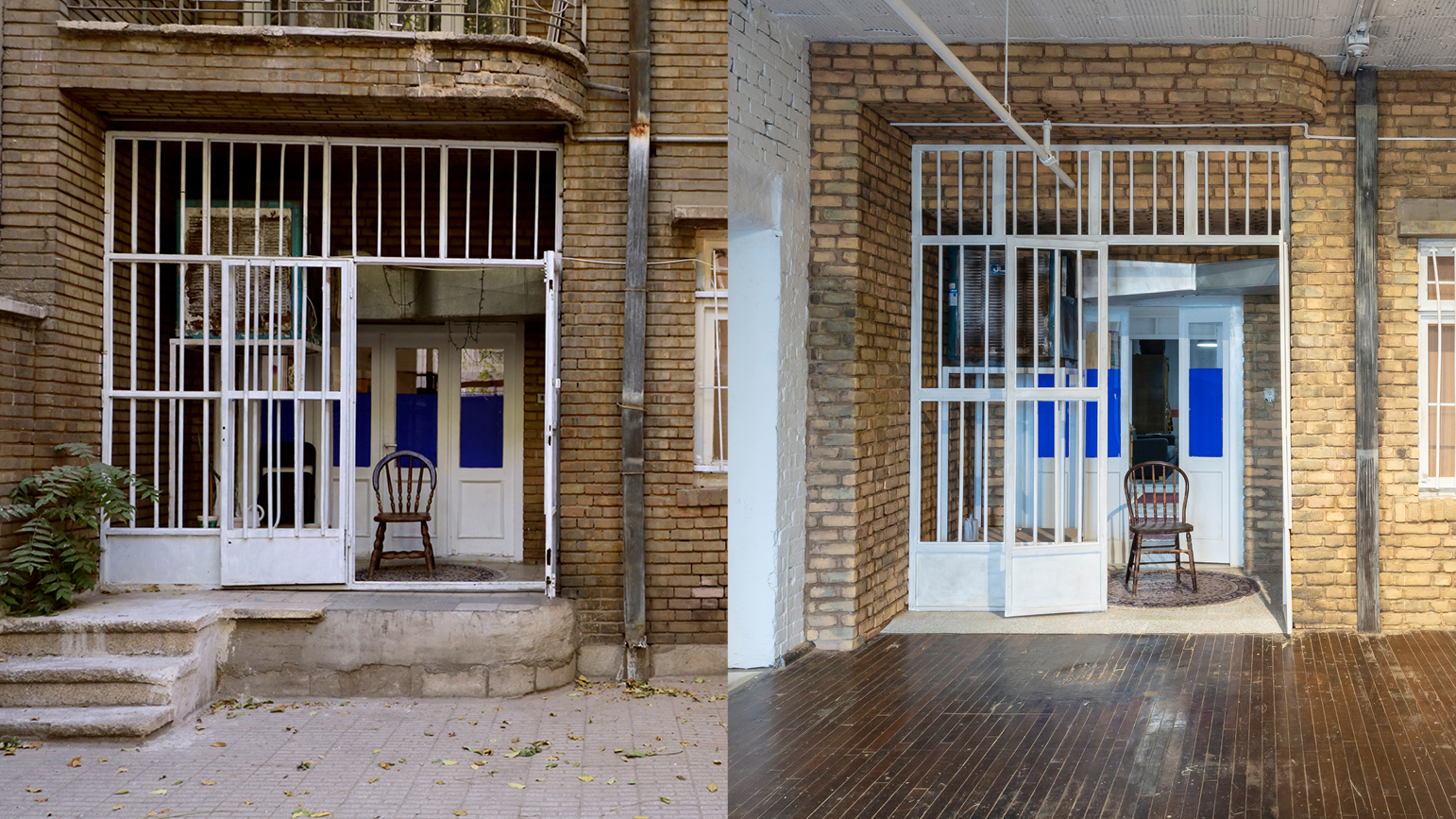 Two nearly identical images of an exterior of an apartment facade. The facade on the right is a replica created inside a museum of the facade on the left.