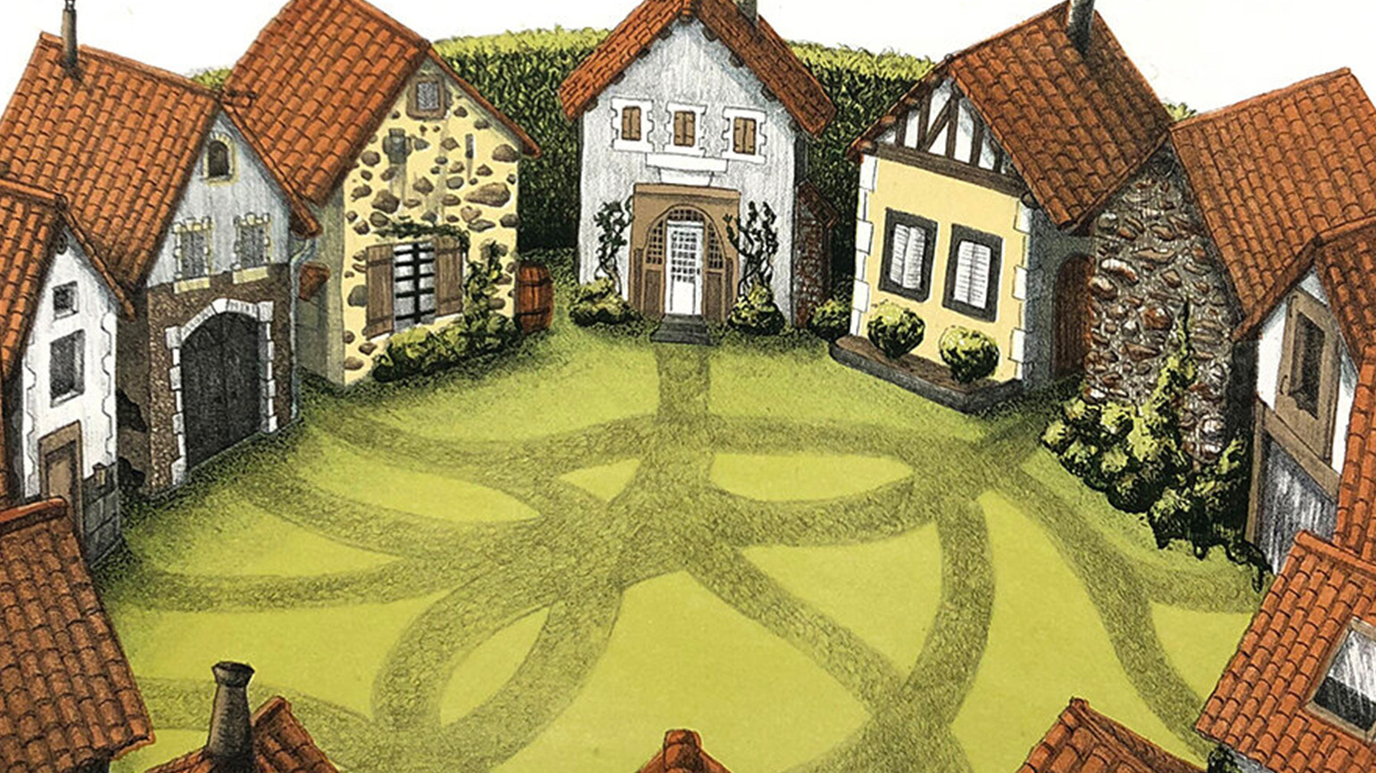 An illustration of a circle of houses right next to one another and facing inward