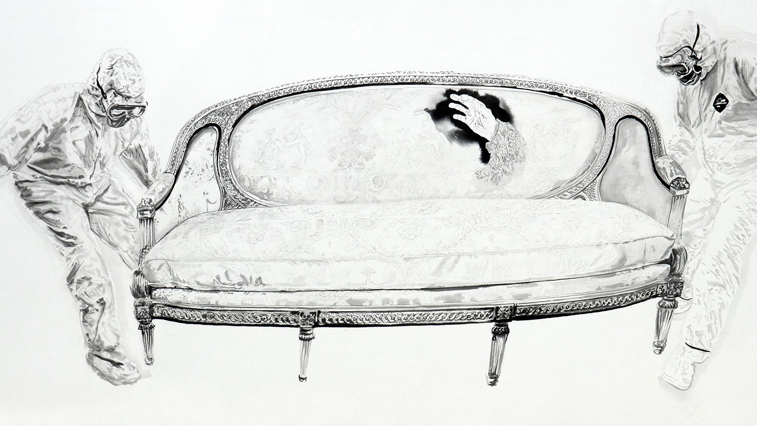 Drawing of two figures in hazmat suits carrying an old fashioned couch