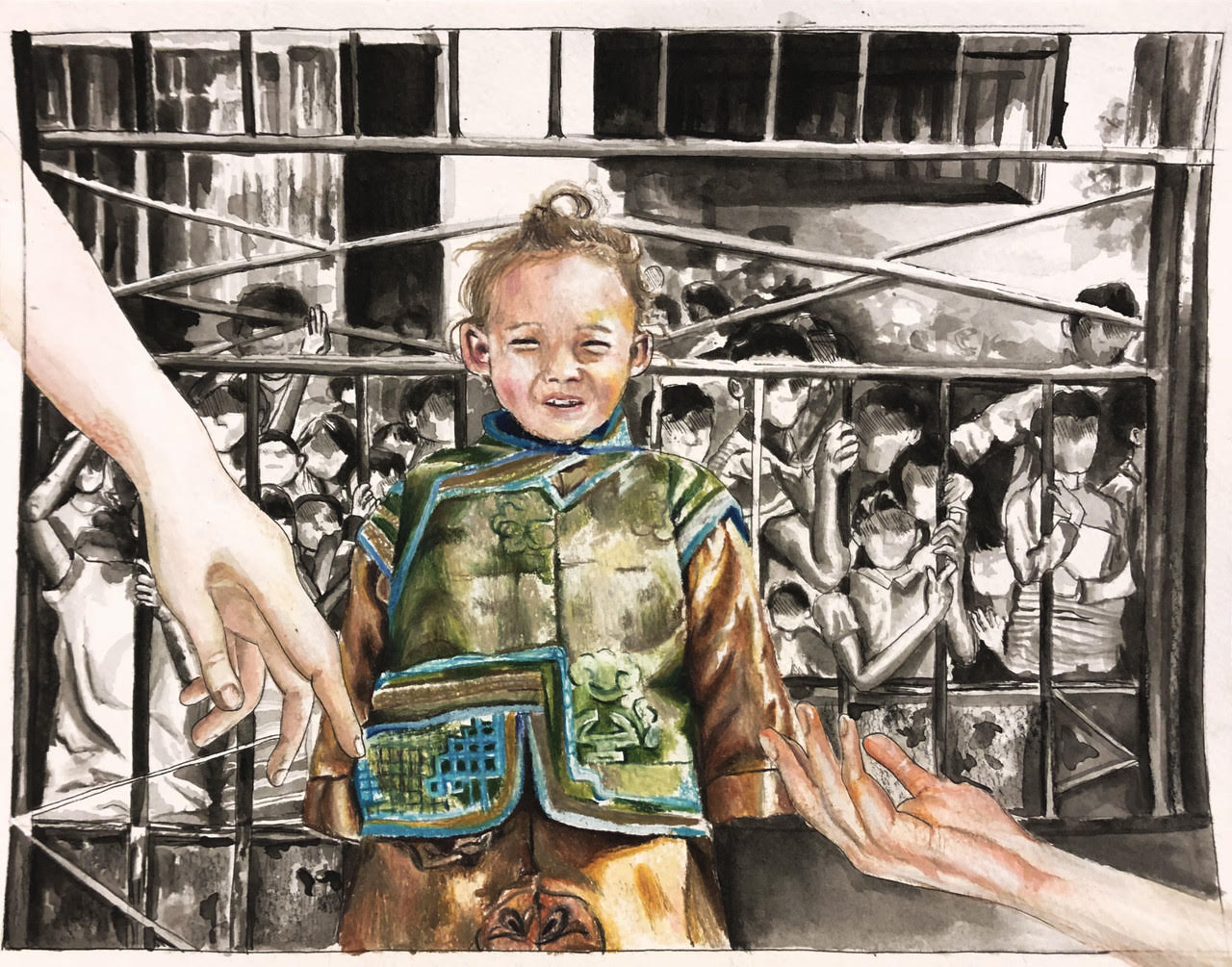 A child in traditional Mongolian dress stands in front of a crowd of faceless figures behind bars. In the foreground, two adult hands reach out to the child.